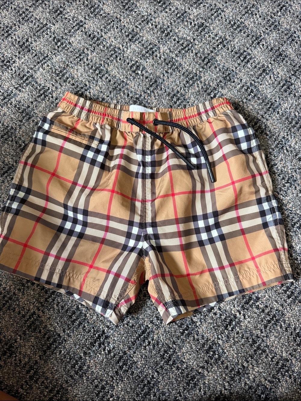 Burberry Tan Plaid Kids Swim Trunks with Black Drawstring
